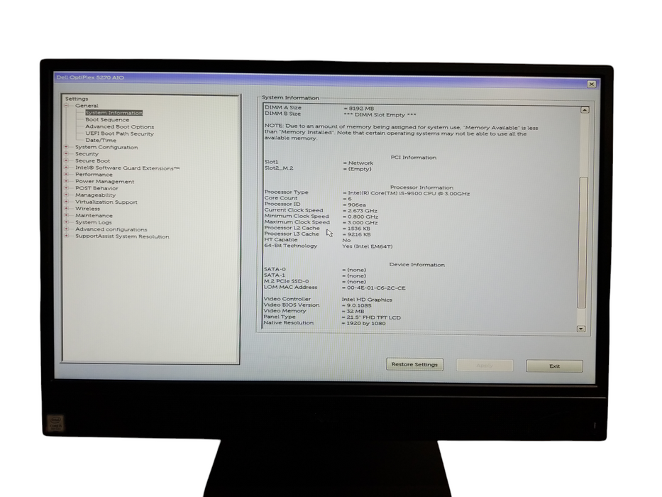 Dell OptiPlex 5270 AiO Intel i5-9500 CPU 3.0GHz 8GB RAM - NO HDD