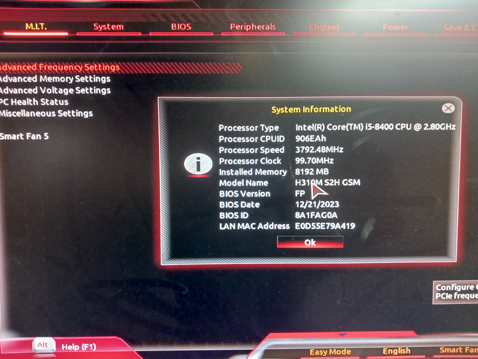 Gigabyte B310M S2H Motherboard Intel i5-8400 CPU 8GB DDR4 No I/O Shield