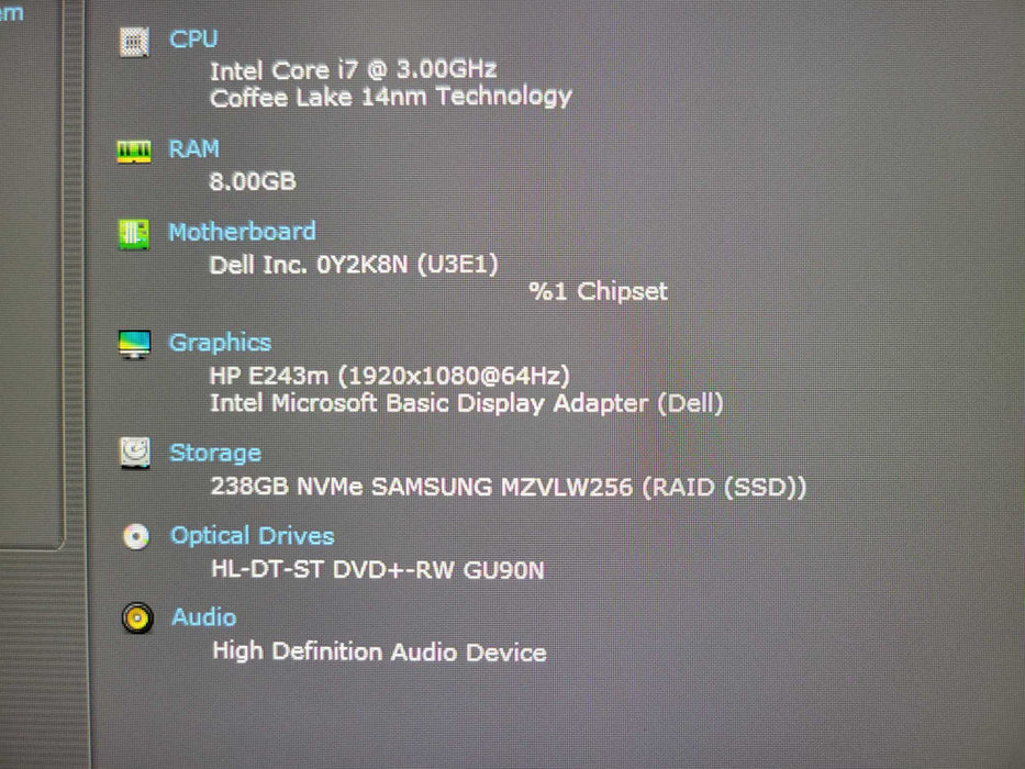 Dell Precision 3630 Core i7-9700 3.00GHz 8GB DDR4 256GB M.2 SSD _