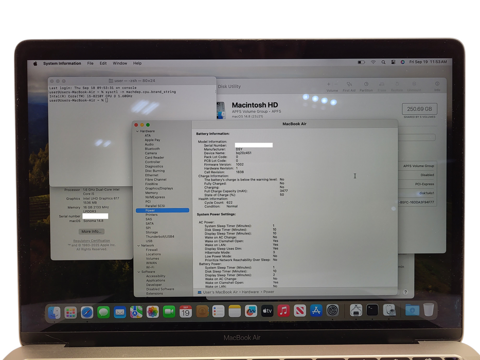 Apple MacBook Air Retina 13" 2018 A1932 i5-8210Y 16GB RAM 250GB SSD $