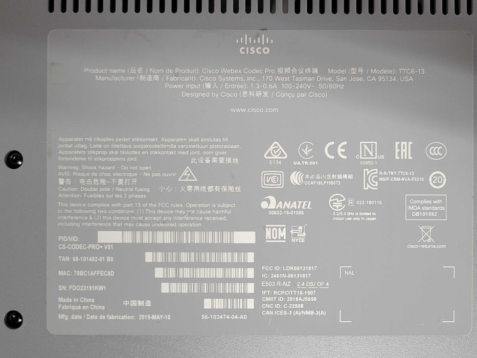 Cisco Webex Codec Pro TTC6-13 Conference System CS-CODEC-PRO+ _