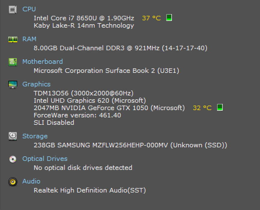 Microsoft Surface Book 2 i7-8650U 8GB RAM GTX 1050 256GB SSD  Lap200