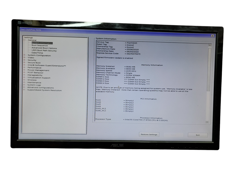 Dell Optiplex 7070, i7-9700@3.00GHz, 8GB DDR4, no HDD, no OS