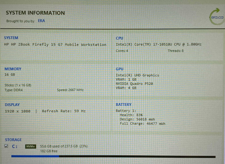 HP ZBook Firefly 15 G7 i7-10510U QUADRO P520 4GB GPU 16GB RAM 256GB SSD  Lap200