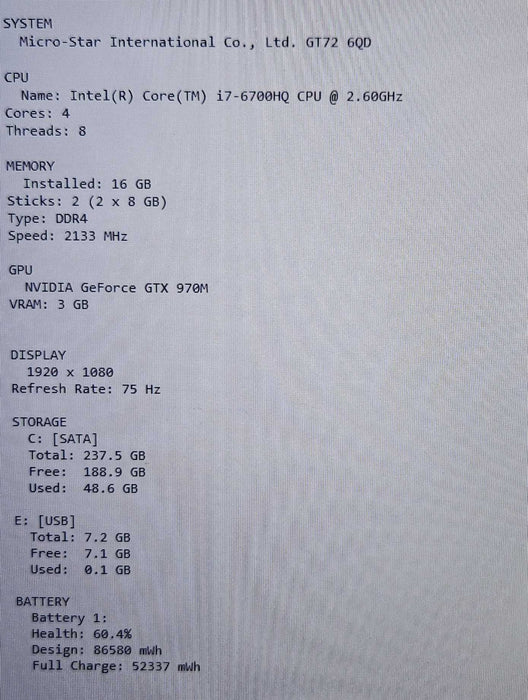 MSI Dominator GT72 i7-6700HQ 16GB DDR4 GTX 970M 256GB SSD PARTS/REPAIR  β Lap200