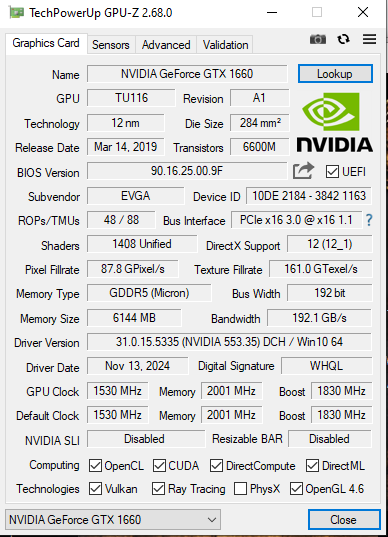 EVGA NVIDIA GeForce GTX 1660 XC 6GB GDDR5 (06G-P4-1163-KR)