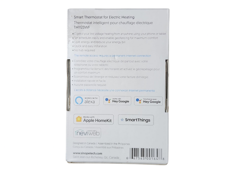 Sinopé White 3000 W Smart Thermostat for Electric Heating, Model: TH1123WF Q