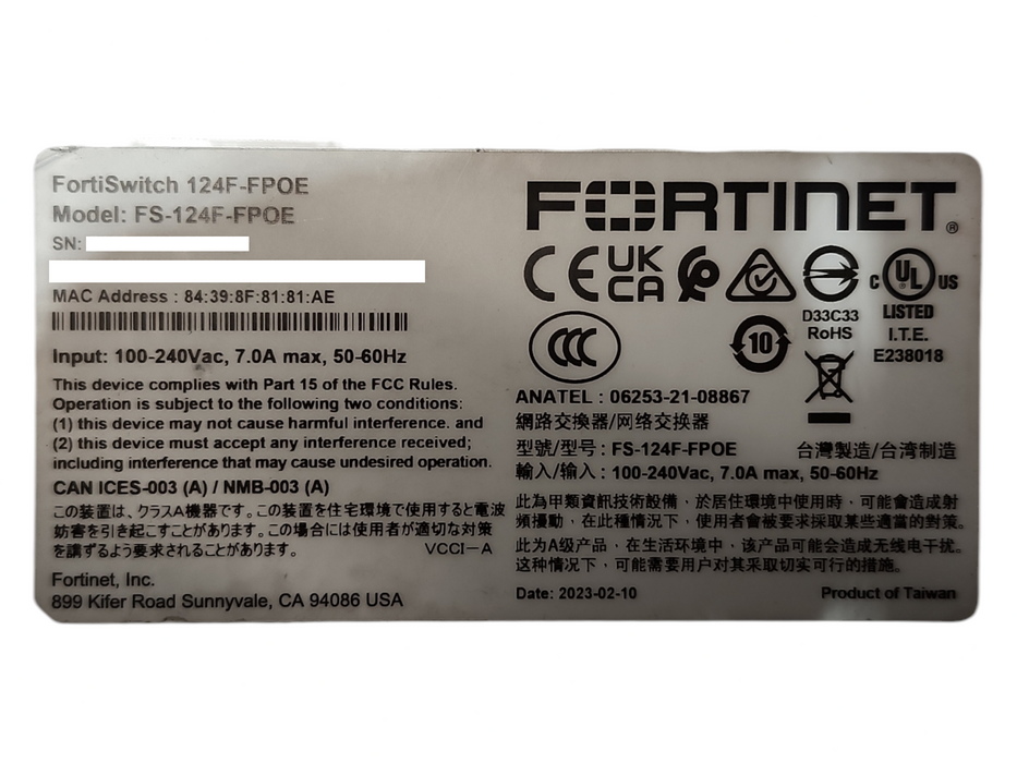 Fortinet FS-124F-FPOE 24 Gigabit Ethernet FortiSwitch Switch