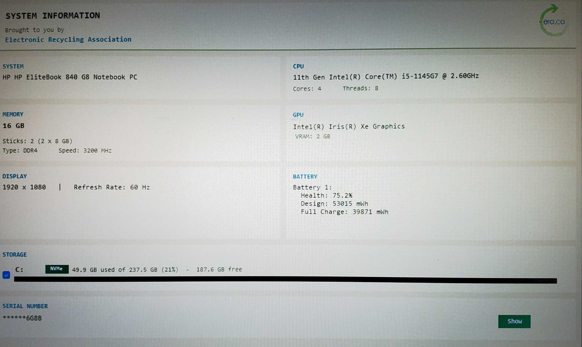 HP ELITEBOOK 840 G8 i5-1145G7 2.60 GHZ 16GB 256 GB READ  Lap200