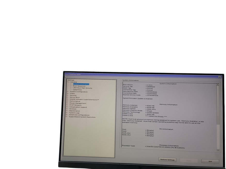 Dell OptiPlex 3090 SFF i5 - 10505 @ 3.20GHz 8GB DDR4 Ram NO HDD  θ