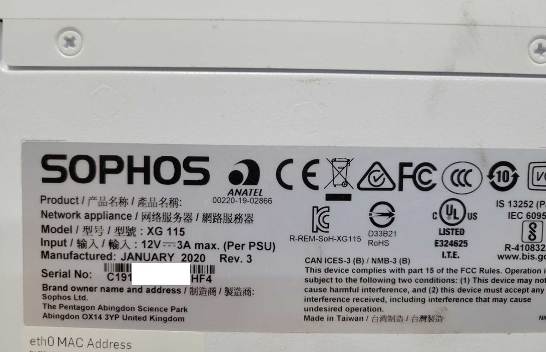 Sophos XG115 Rev 3 4-port Gigabit Firewall Appliance, READ _