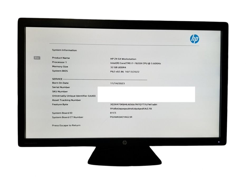 HP Z4 G4 Workstation, i7-7820X 3.60GHz, 32GB DDR4, NVIDIA K2000, 256GB NVMe