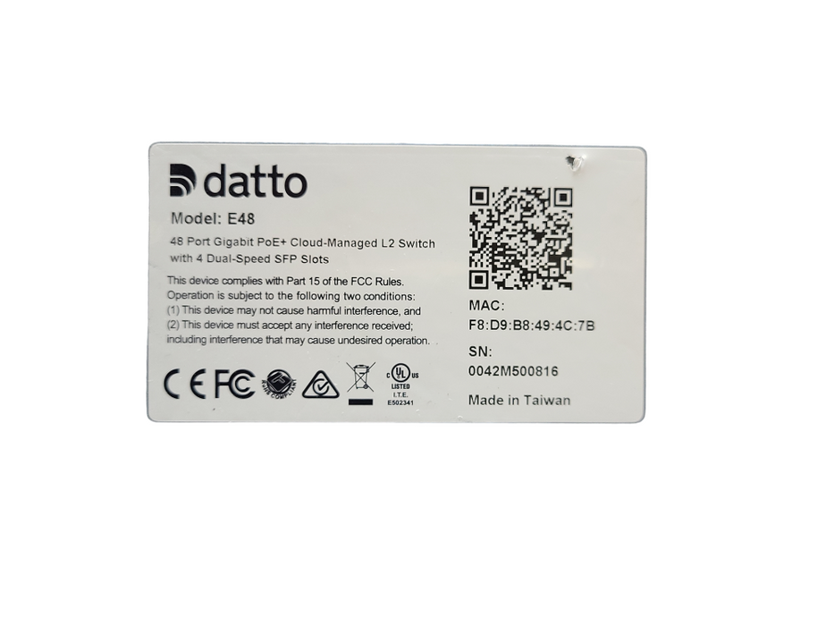 Datto E48 48-Port Gigabit PoE+ Cloud Managed L2 Switch with 4 Dual-Speed SFP $