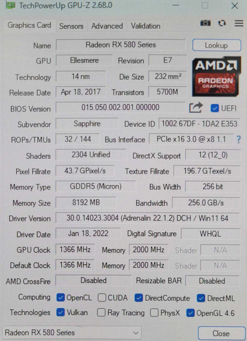 AMD Saphire pulse radeon RX 580 Series 8G GDDR5 Dual HDMI/DVI-D/Dual DP _