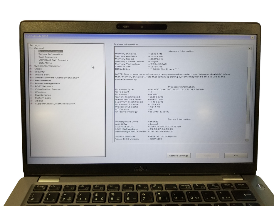 Dell Latitude 5410 Intel Core i5-10310U @1.70GHz, 16GB DDR4 256GB NVMe READ Q Lap200
