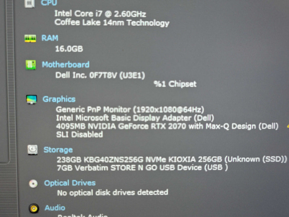 Dell G7 i7-9750H 16GB DDR4 RTX 2070 w Max Q 256GB NVMe  β Lap200