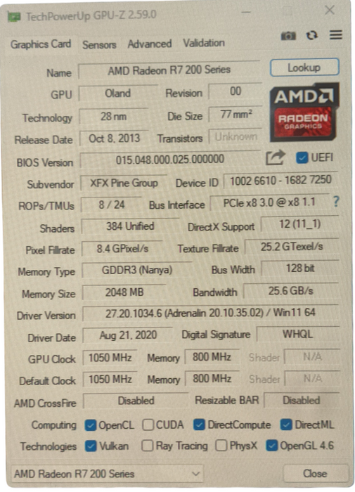 AMD Radeon R7 200 | 2GB GDDR3 Graphics Card | 1xHDMI 1xDVI 1xVGA