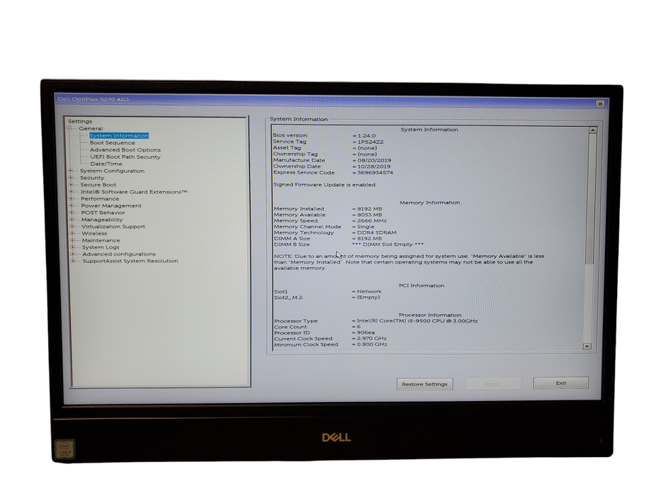 Dell OptiPlex 5270 AIO i5-9500@3.0GHz 8GB RAM NO-HDD/SSD No STAND