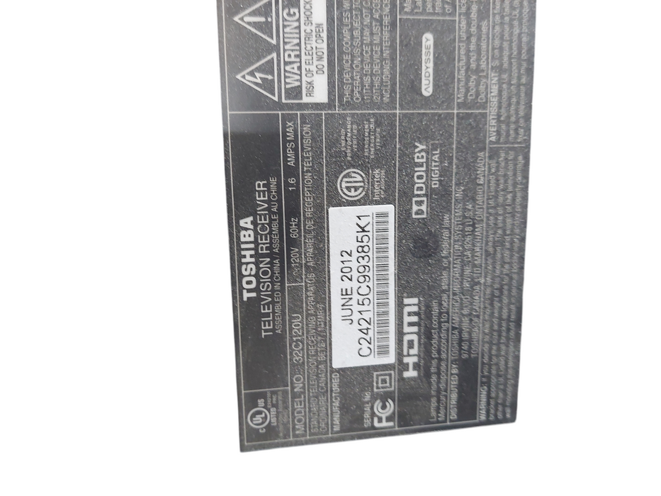 Toshiba 32" Television Receiver Model: 32C120U Q=