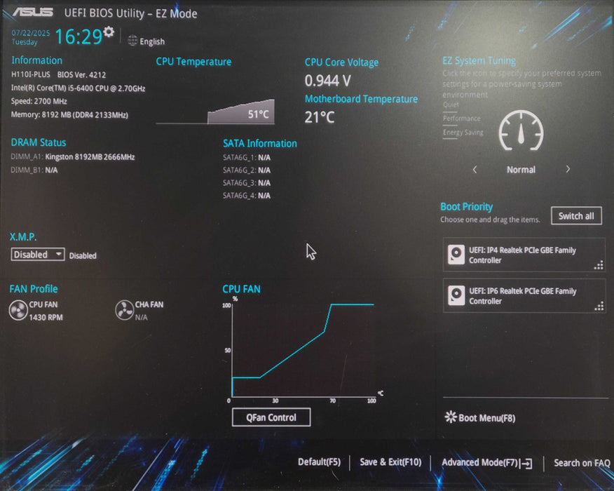 ASUS H110I-PLUS Motherboard with Core i5-6400 @ 2.70GHz and 8GB DDR4
