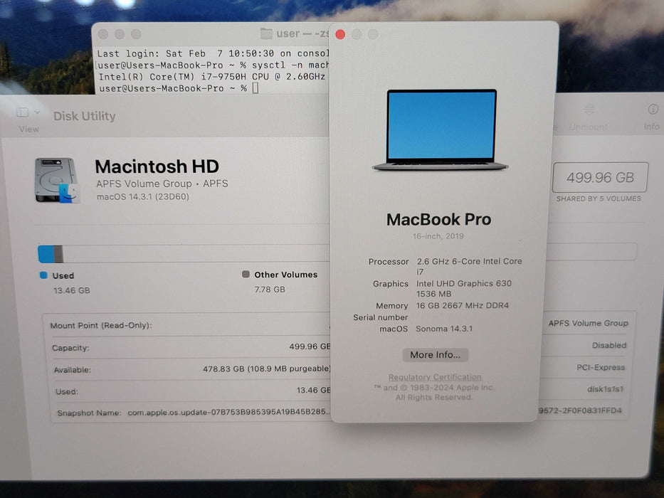 Apple Macbook Pro 2019 16" 6-Core i7-9750H @ 2.6GHz 16GB RAM 500GB SSD GPU (