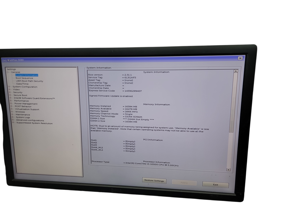 Dell OptiPlex 3080 MT i5 - 10505 @ 3.20GHz 16GB DDR4 Ram No HDD