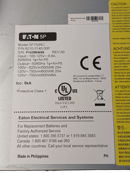 EATON 5P750RC 9210-3140-00P 750 VA / 600 W UPS  -