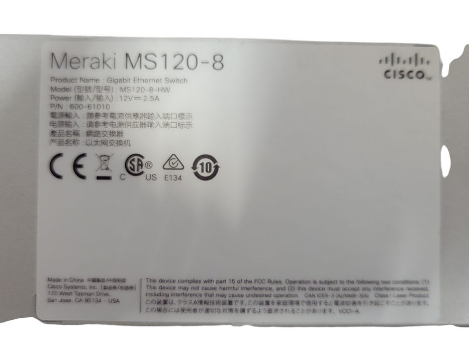 Cisco Meraki MS120-8-HW Cloud Managed Gigabit Ethernet Switch - UNCLAIMED Q_