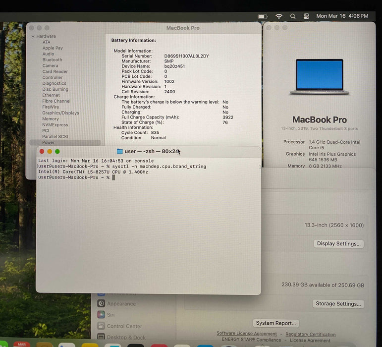 Apple MacBook Pro 13" 2019 i5-8257U 8GB 256SSD No Power Adapter READ