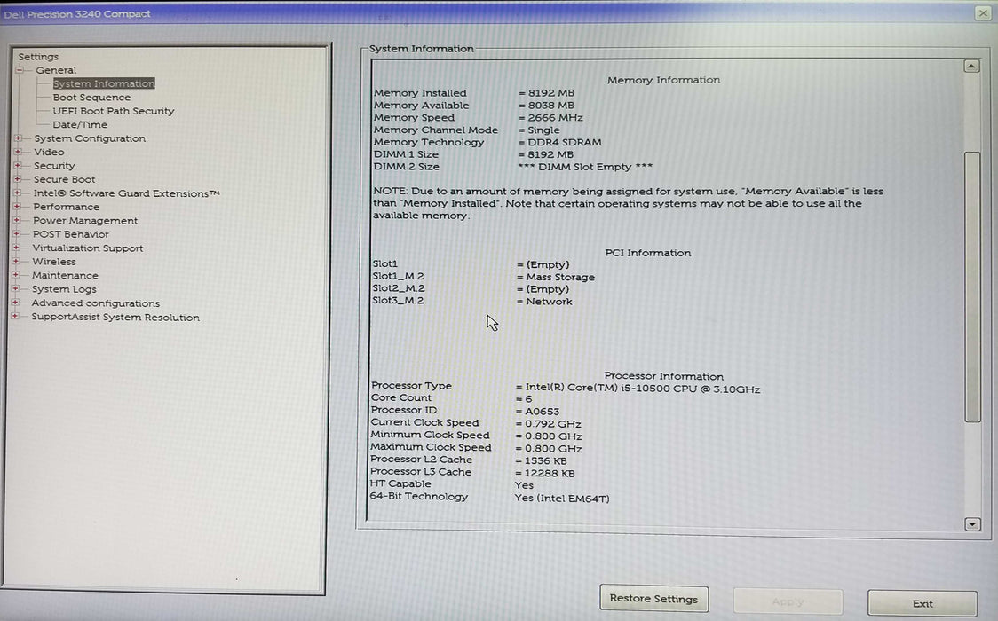 Dell Precision 3240 Compact Core i5-10500 CPU 3.10 GHz 8GB RAM - No HDD Q