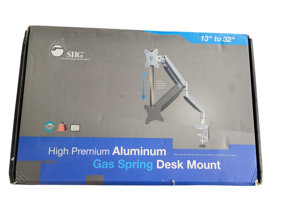 Siig Aluminum Gas Spring Single Monitor 13-32" Desk Mount CE-MT2D12-S1 Silv