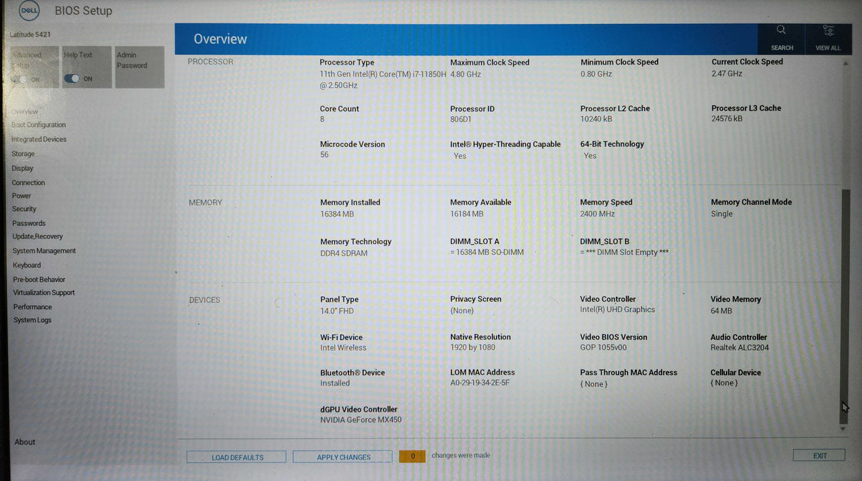 Dell Latitude 5421, i7-11850H 2.50GHz, 16GB DDR4, 256GB NVMe, MX450, No PWR  Lap200