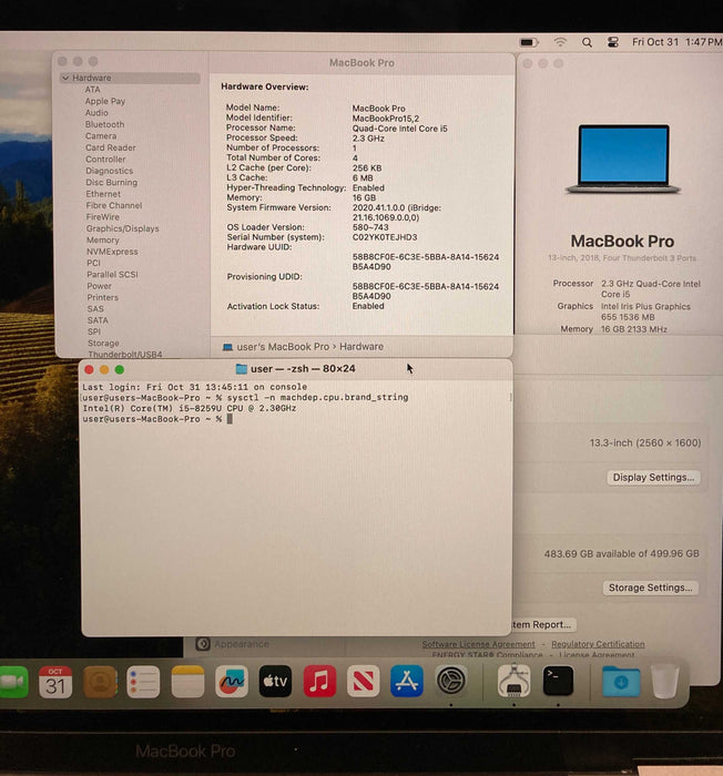 Apple MacBook Pro 13" 2018 i5-8259U 16GB RAM 512GB SSD No Power Adapter