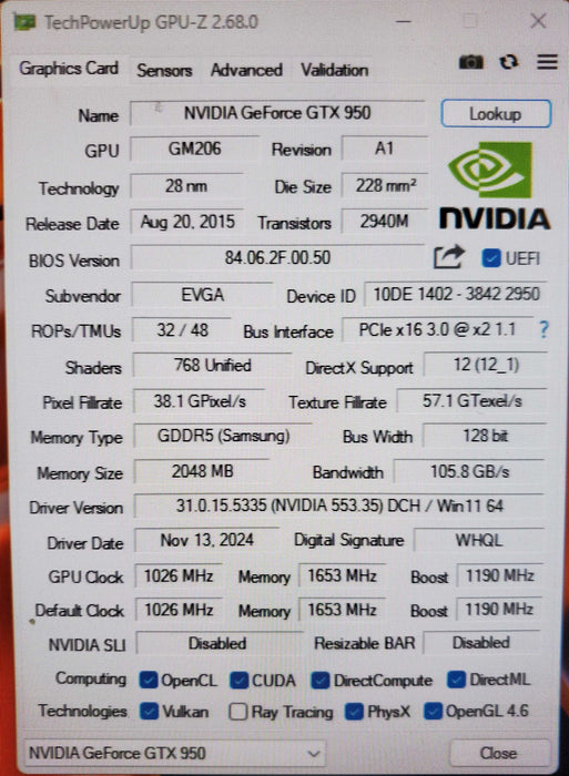 EVGA GeForce GTX 950 2GB GDDR5 Graphics Card