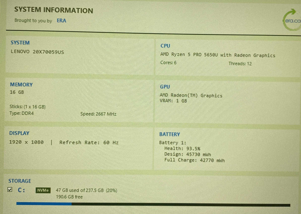 Lenovo ThinkPad L15 Gen 2 AMD Ryzen 5 PRO 5650U 16 GB RAM 256GB SSD  Lap200