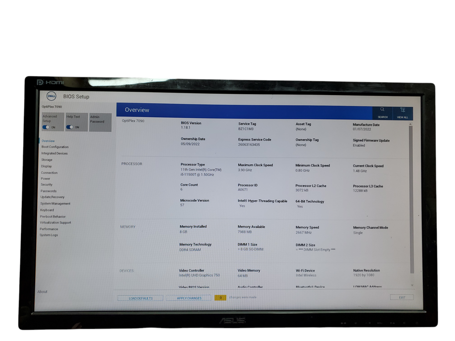 Dell OptiPlex 7090 USFF, i5-11500T, 8GB DDR4, 256GB NVMe, No OS Q