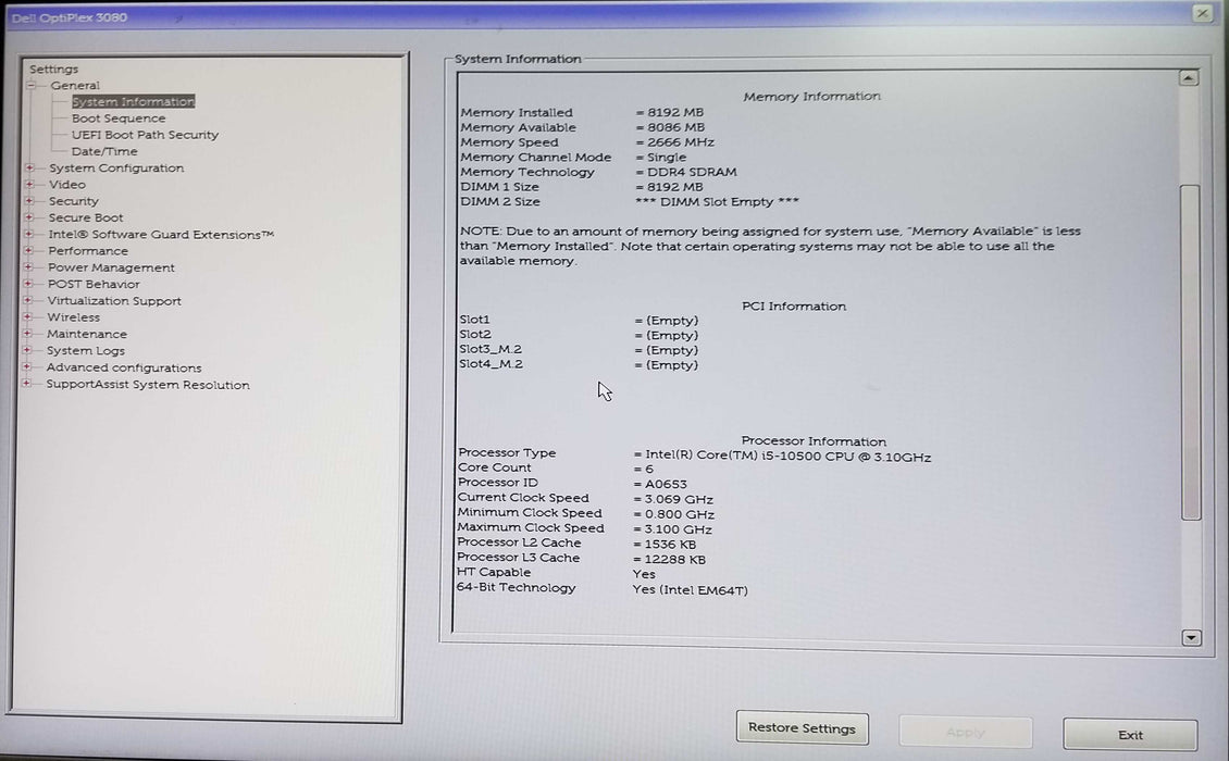 Dell OptiPlex 3080 SFF Intel i5-10500 CPU 3.10GHz 8GB RAM No HDD