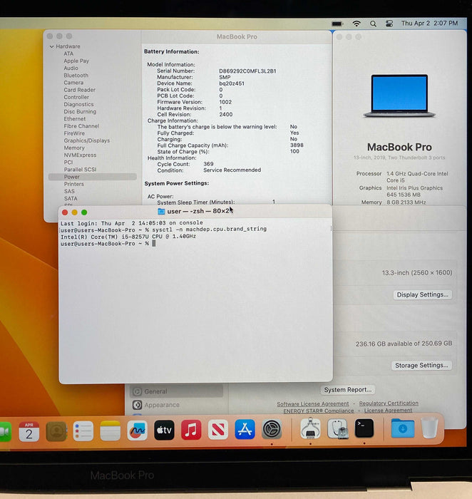 Apple MacBook Pro13" 2019 i5-8257U 8GB 256SSD Battery Service Recommended