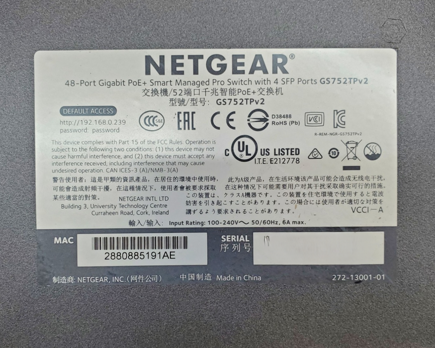NETGEAR 48-Port Gigabit PoE+ Managed Switch with 4 SFP Ports (GS752TPv2)