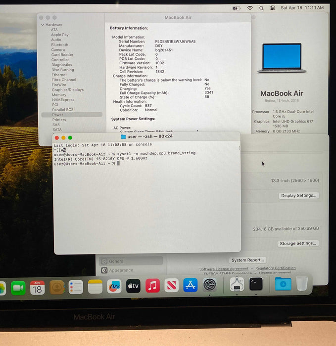 Apple MacBook Air 13"2018 i5-8210Y 8GB 256SSD No Power Adapter READ