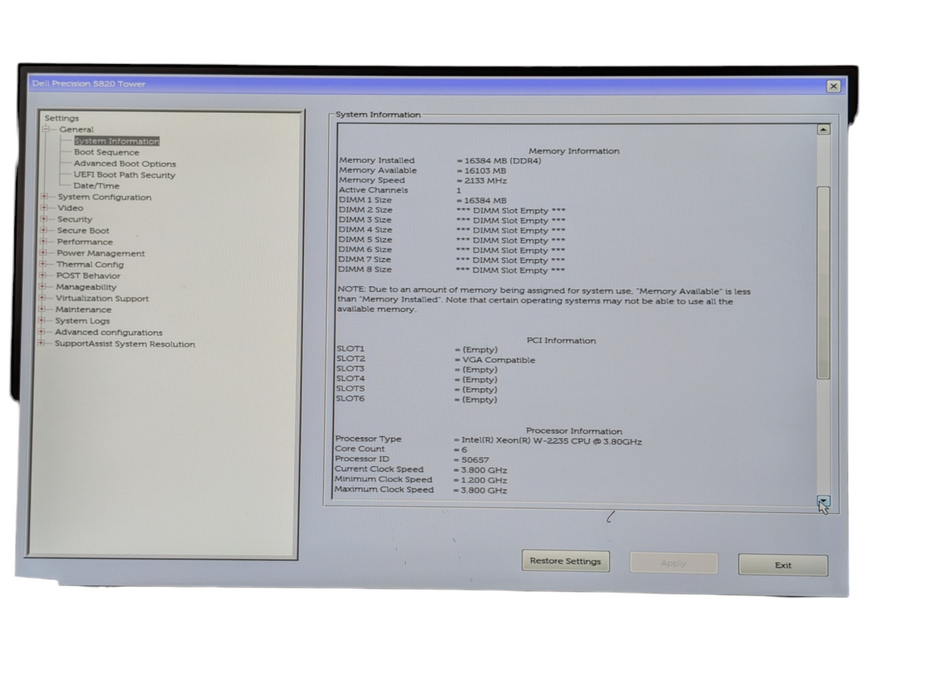 DELL Precision 5820 Intel Xeon W-2235 16GB RAM 256GB SSD  -