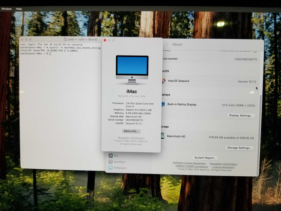 Apple iMac Retina 4K 2019 21.5", i3-8100 CPU 3.60GHz 8GB RAM 500GB
