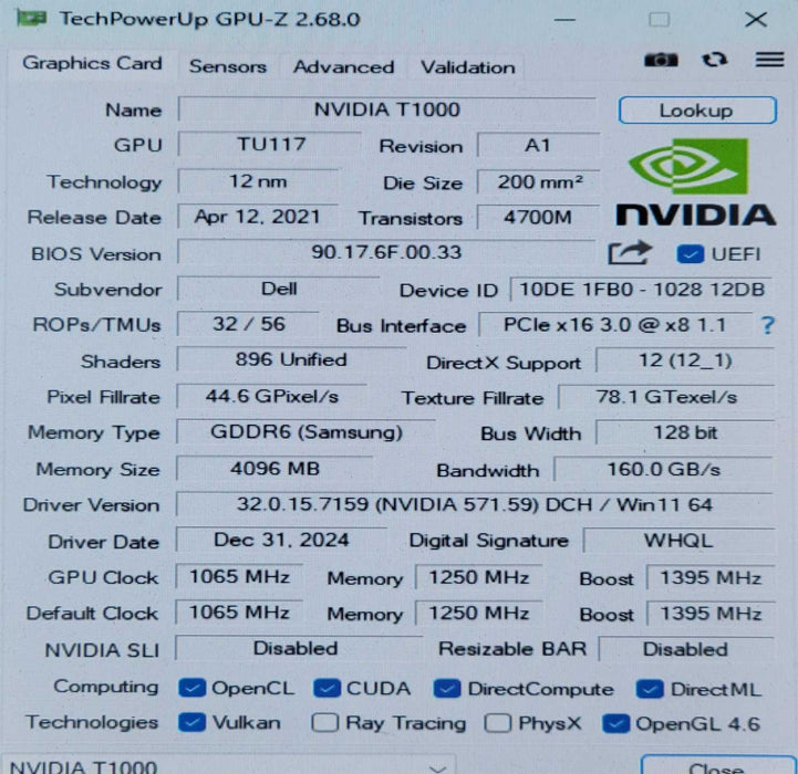 Dell NVidia Quadro T1000 4GB mini DPx4 Graphics Card with Low Profile Brack _