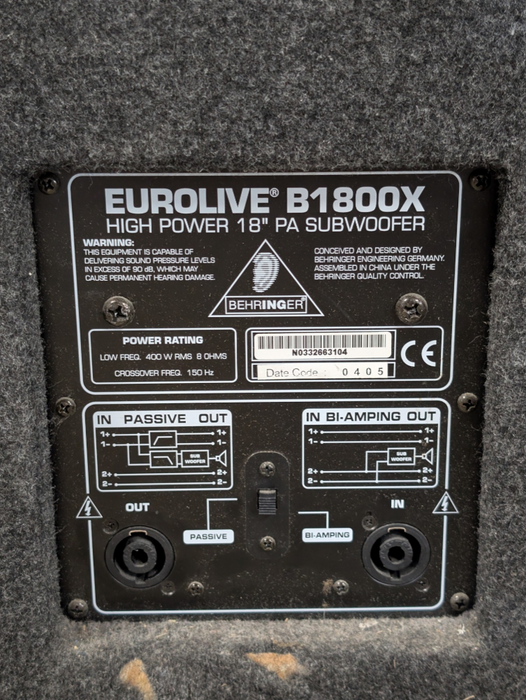BEHRINGER EuroLIVE B1800X High Power 18" PA Subwoofer  -