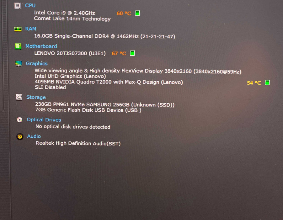 Lenovo ThinkPad P1 Gen 3 4K i9-10885H QUADRO T2000 4GB GPU 16GB 256SSD READ  Lap200