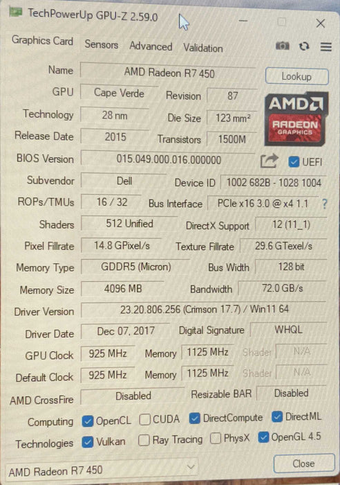 AMD Radeon R7 450 | 4GB GDDR5 GPU | 2xDP 1xDVI Q