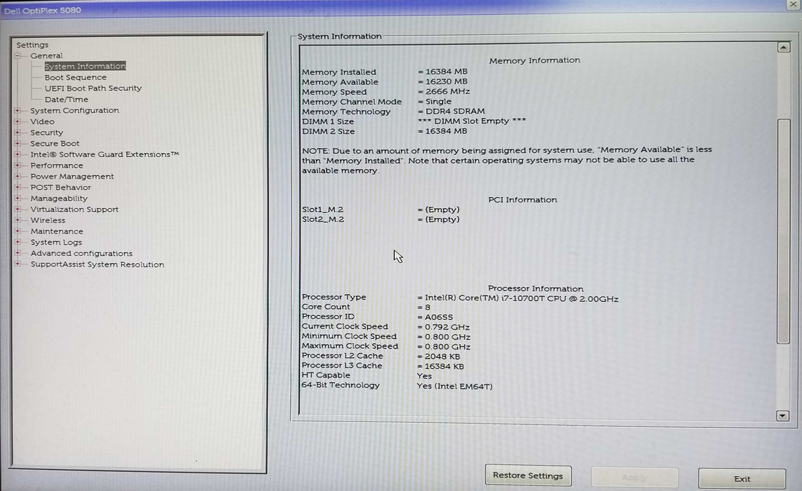 Dell OptiPlex 5080 USFF Intel i7-10700T CPU 2.00GHz 16GB RAM - No HDD