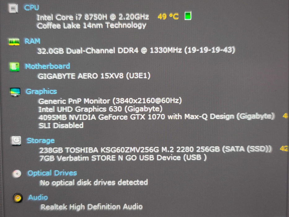Gigabyte Aero 15 i7- 8750H 32GB DDR4 GTX 1070 256GB M.2 SSD READ β Lap200