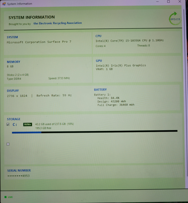 Microsoft Surface Pro 7 1866 | i5-1035G4 @1.10GHz 8GB DDR4 256GB SSD  Lap200