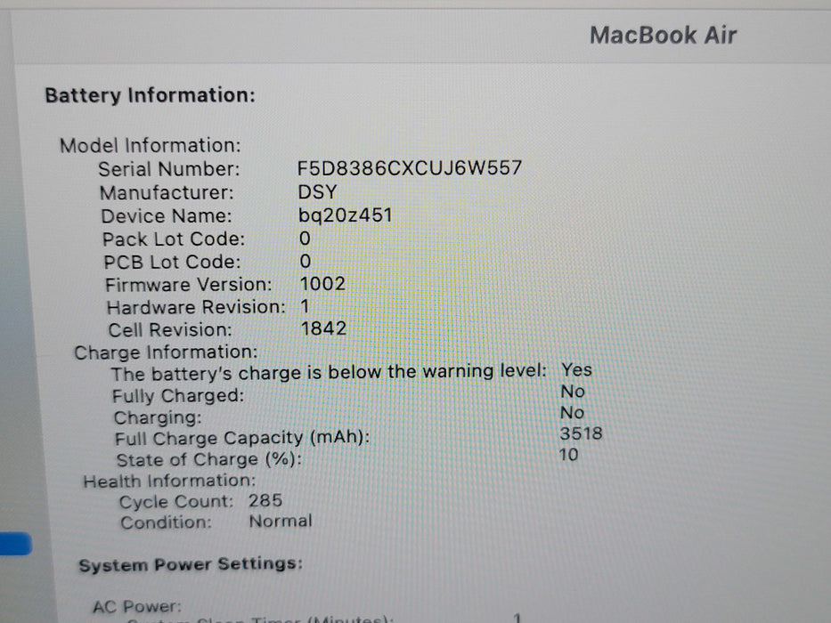 Apple Macbook Air 2018 2-Core i5-8210Y @ 1.6GHz 8GB DDR3 250GB SSD (